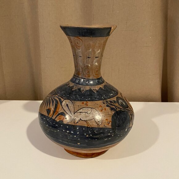 Vintage Tonala Mexican Pottery Vase - Hand-Painted Bird‎ & Floral, 7.5”x7” - Picture 1 of 7